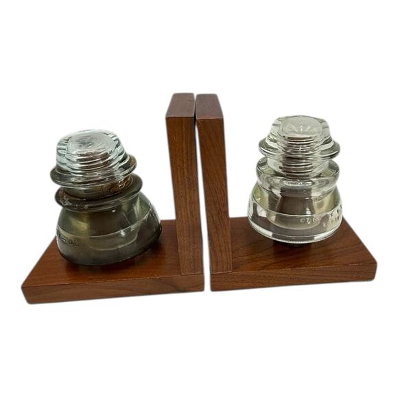 Clear Glass Insulator On Wood Bookends Very Heavy READ Vtg Lineman Electrician - Picture 2 of 14